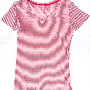 VICTORIA'S SECRET White, Pink and Gold Cotton Lingerie Striped Pajama Top